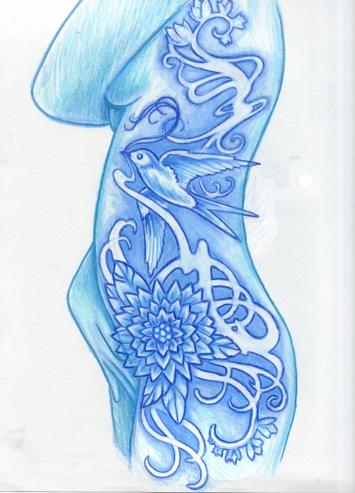 Tattoos - Blue Sketchbook Bird Flowers Filigree  - 60604